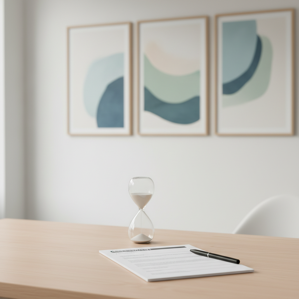 A minimalist therapist’s desk setup with a smooth, pale birch surface holding a small stack of neatly arranged assessment forms, a matte black pen, and a simple sand timer halfway through its flow, distinctly no people in view. Behind the desk, a soft-focus wall displays framed, abstract nature-inspired artwork in muted blues and greens. Soft, overcast daylight from an unseen window casts even, gentle illumination, eliminating harsh shadows and enhancing clarity. Photographed from a slightly elevated angle with sharp focus throughout, the composition emphasizes order, reliability, and calm. The photographic style is clean and professional, ideal for conveying structure, ethics, and trust in a mental health counseling setting.
