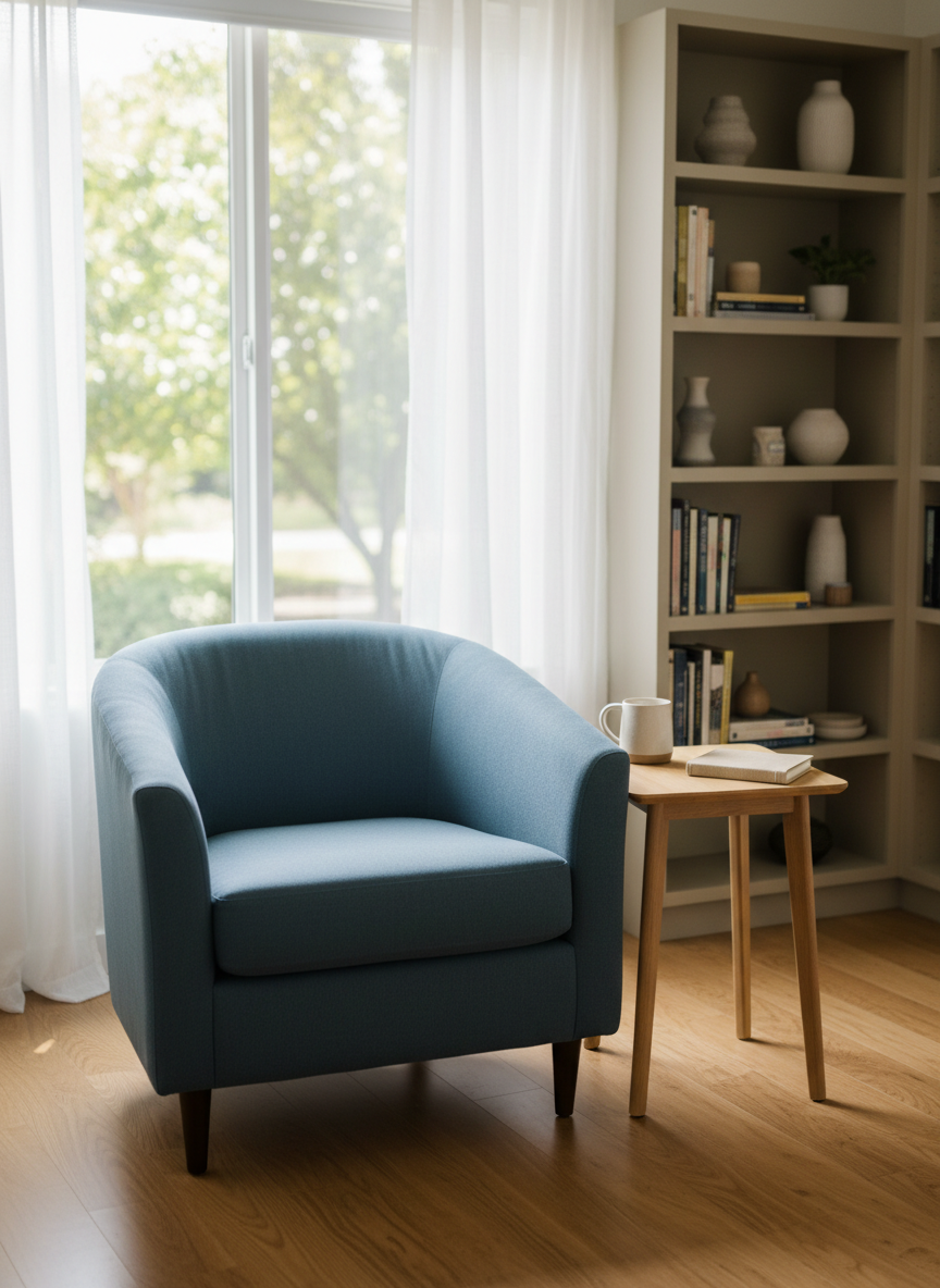 A tidy counseling office corner featuring a plush, slate-blue armchair beside a small, light-wood side table holding a ceramic mug and a closed linen-bound journal, no people present. The space is framed by a large window with sheer white curtains, overlooking soft-focus greenery outside. Gentle afternoon natural light diffuses across the room, creating soft shadows on the warm oak floor and a calm, inviting glow. Shot at eye-level with a slightly off-center composition and shallow depth of field, the background bookshelves blur into warm, neutral tones. Photographic realism with a clean, modern aesthetic that conveys safety, professionalism, and emotional warmth suitable for a Portland counseling practice.