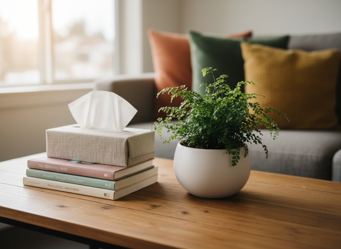 A close-up of a wooden coffee table in a counseling waiting room, featuring a small, thriving potted fern in a white ceramic pot, a stack of thoughtfully arranged mental health books with pastel covers, and a box of tissues in a linen-wrapped container, absolutely no people present. The background shows a blurred cozy sofa with textured cushions in muted earth tones. Warm, indirect daylight from a nearby window creates a soft, serene glow with gentle shadows under the objects. Captured at a low, intimate angle with shallow depth of field, the image feels welcoming and grounded. Photographic realism with a warm, Pacific Northwest-inspired aesthetic that reflects comfort and emotional support in a Portland counseling space.