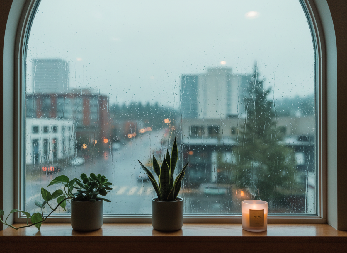A serene Portland cityscape seen through the tall windows of a quiet counseling office, with raindrops gently streaking down the glass, no people in sight. In the foreground, the sill holds a neatly arranged trio of small, low-maintenance plants in matte ceramic planters and a softly burning soy candle in a frosted glass jar. Overcast natural light fills the space with a cool, diffused brightness, reflecting off the damp city outside while creating subtle reflections on the windowpane. Shot from inside at eye level, focusing on the plants with the city softly blurred, the composition feels contemplative and grounded. Photographic realism with a calm, reflective mood, evoking resilience and gentle introspection typical of Portland’s rainy seasons.